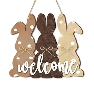 Rustic wooden Easter bunny welcome sign hanging decoration for seasonal front door decor
