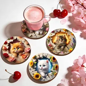 Posavasos de Madera Gato 3D Atravesando La Pared Antideslizantes Con Diseño Floral Estampado Decoración de Mesa para Hogar Oficina Regalo