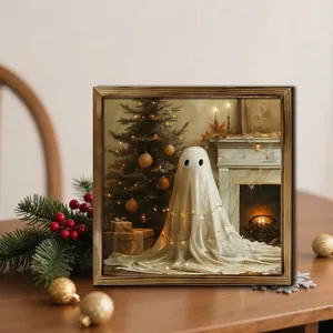 Elegant Christmas wooden framed wall art featuring a cozy ghost scene and warm tree