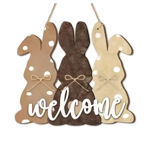 Easter wooden hanging welcome sign with three decorative bunnies for front door decor