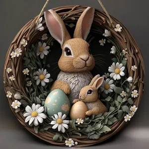 Easter wooden door wreath decoration featuring 3D rabbits eggs and white daisy flowers