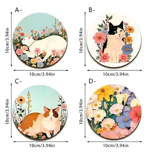 Juego de 4 posavasos antideslizantes con diseños de gatos y flores, 10cm de ancho