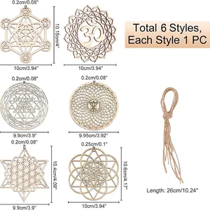Technisches Diagramm mit Abmessungen für sechs geometrische Wandornamente aus Holz