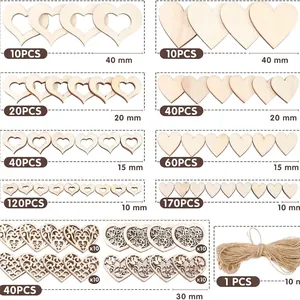 Detailed view of various sizes and patterns of wooden heart-shaped decorations.