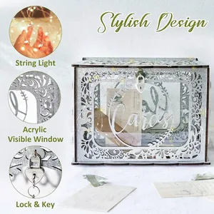 Glitter Wood Wedding Card Box with Lock and LED String Lights Hollow Floral Design Wooden Gift Card Holder for Reception Wedding Party Decoration