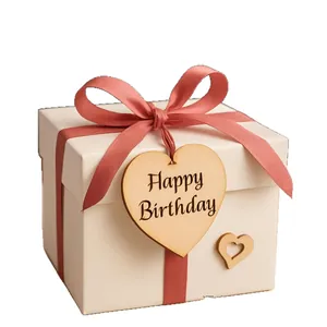 Elegant white gift box featuring a heart-shaped wooden tag with Happy Birthday engraving