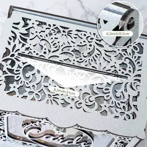 Elegant white laser-cut wooden wedding card box with lock and LED lights for gifts