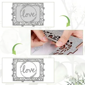 Silver glitter wooden wedding card box with laser-cut love design and protective film