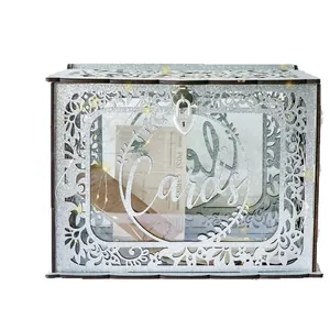 Elegant silver glitter wooden wedding card box with heart lock and LED fairy lights