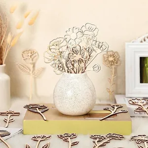 Laser Cut Wooden Wildflower Ornaments with White Ceramic Vase Elegant Tabletop Decorative Floral Statues for Home Office