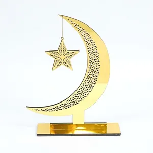 Elegant golden moon and star acrylic desk ornament for Ramadan Eid home decor