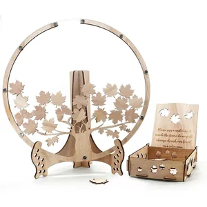 Wooden wedding guest book set with maple leaf tree frame and engraved wooden box