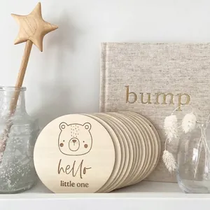 Handcrafted wooden baby milestone cards with bear engraving for newborn photography props