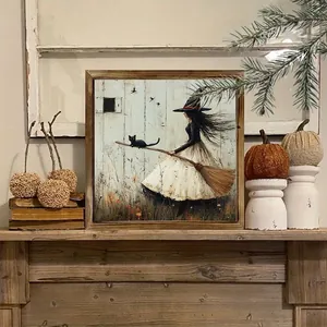Vintage rustic wooden framed wall art featuring a witch and black cat for home decor