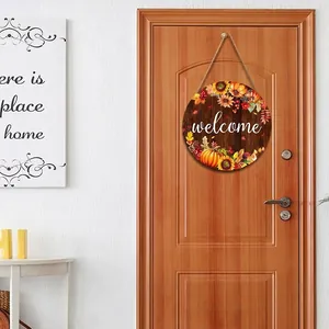 Cartello di Benvenuto Rotondo in Legno Decorazione per Porta del Ringraziamento con Stampa Zucca Girasole Foglia d'Acero
