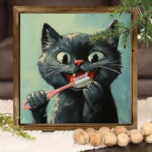 Ingelijst olieverfschilderij van een zwarte kat die tanden poetst, wanddecoratie