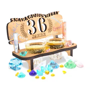 Detailed view of wooden bench shot glass holder for 36th emerald wedding anniversary gift.
