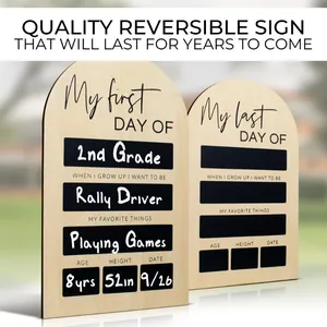 Detailed view of reversible wooden school board for tracking first and last day growth