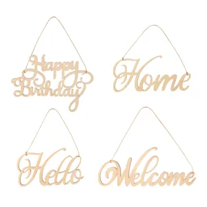 Σετ 4 ξύλινων κρεμαστών πινακίδων: Happy Birthday, Home, Hello και Welcome