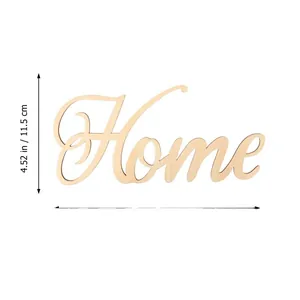 Διακοσμητική ξύλινη επιγραφή Home για τοίχο με ακριβείς διαστάσεις και πληροφορίες μεγέθους.
