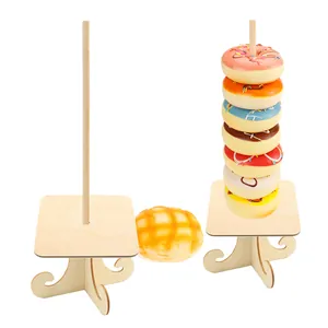 Detail view of a wooden donut stand showing the empty structure and usage