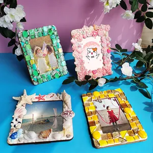Handmade DIY wooden photo frame base with mosaic glass tiles and sea shell decorations