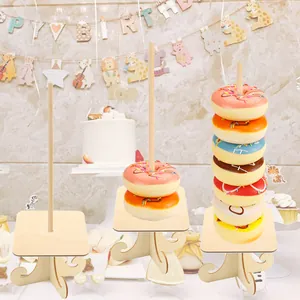 Wooden donut display stands showing various storage capacities for party decorations.