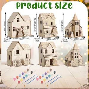 Creative DIY laser-cut wooden Christmas houses craft set with paints and dimensions