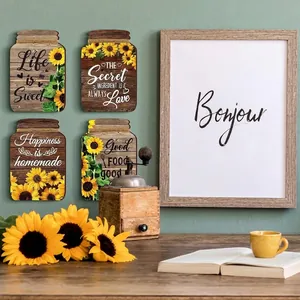 Set of 4 sunflower mason jar wooden wall plaques for rustic farmhouse kitchen decor.