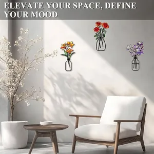 Set di 3 decorazioni murali con fiori in metallo e vasi dallo stile minimalista