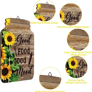 Rustic sunflower wood jar wall plaque with Good Food Good Mood quote for kitchen decor.