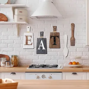 Rustieke houten EAT keuken wanddecoratie set met vork en lepel borden in vintage stijl