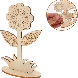 Elegant laser-cut hollow wooden flower decoration with base stand for home DIY crafts