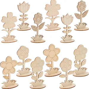 Set of floral shaped unpainted natural wooden ornaments for DIY crafts and decoration