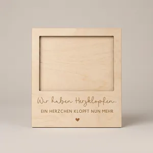 Minimalist square wooden pregnancy announcement plaque with German heartbeat text