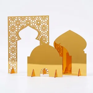 Gold mirror acrylic Islamic mosque silhouette desktop decorations with hollow patterns