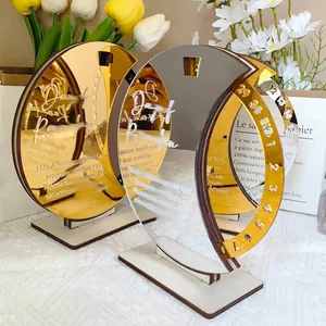 Ακρυλικός Καθρέφτης Ημερολόγιο Αντίστροφης Μέτρησης Ραμαζανιού Σχήμα Φεγγαριού Περιστρεφόμενο Επιτραπέζιο Διακοσμητικό με Ξύλινη Βάση