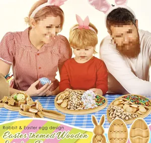 Family using rabbit and Easter egg shaped bamboo trays for snacks and treats