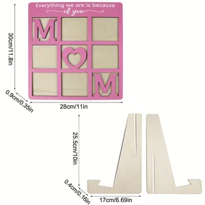 Dimensiones detalladas del adorno de mesa de madera MOM y las piezas del soporte