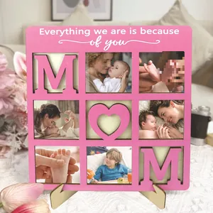 Marco de fotos de madera rosa de 9 rejillas con diseño 'MOM' y cita para el hogar