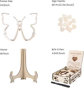 Livre d'or de mariage papillon avec 80 cœurs en bois, cadre, support et boîte
