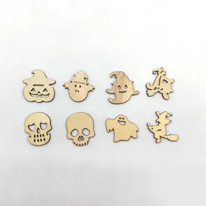 Vue détaillée de diverses formes d'artisanat en bois découpées au laser pour Halloween