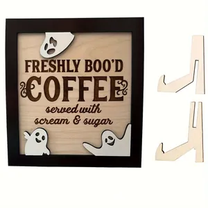 Halloween-Holzschild für Kaffee mit süßen Gespenstern und zwei Montageständern