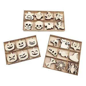 Ensemble d'Ornements en Bois d'Halloween Dessin Animé Citrouille Fantôme Crâne Pièces en Bois pour Décoration Fête Maison Cadeaux