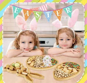 Bamboo Easter bunny and egg shaped snack trays presented in a festive kitchen scene