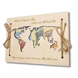 Creative wooden world map money gift board with rustic twine ties and German quotes