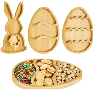 Macro view of an Easter bamboo egg shaped tray filled with colorful candies and nuts