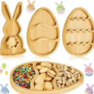Bamboo Easter Snack Tray Rabbit And Egg Shape Compartment Serving Platter Home Kitchen Decor Festive Food Storage Tray