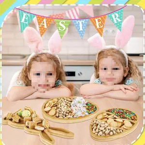 Decorative Easter bamboo snack serving tray set with rabbit and egg shapes for holidays
