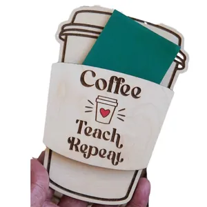 Wooden coffee cup shaped gift card holder for Teacher's Day with engraved text motifs